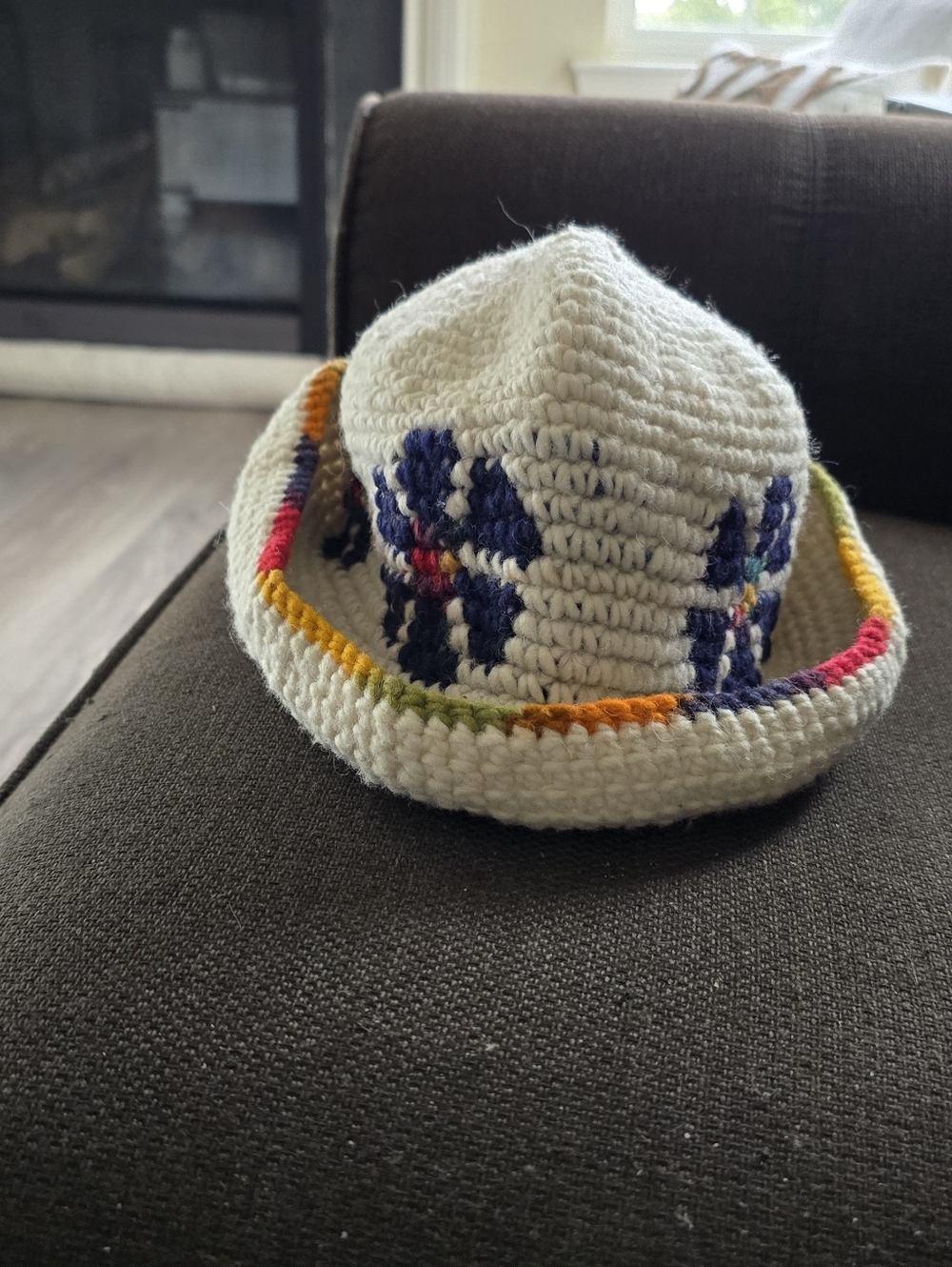 Kids Crochet Sun Hat with Rainbow Trim - Cream